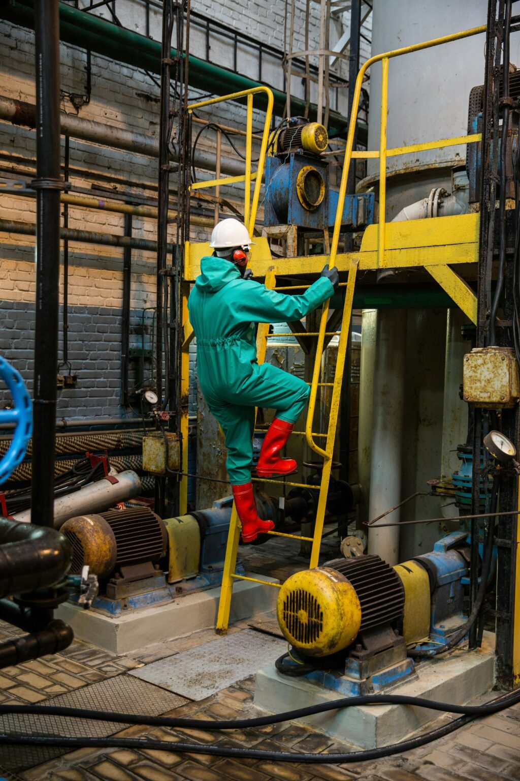 Worker in chemical-resistant suit at an industrial plant